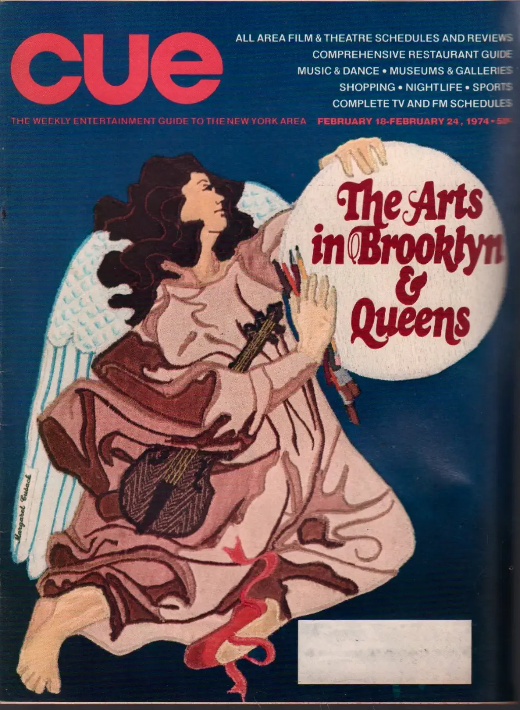 Cue magazine cover, February 18–24, 1974, with a fabric illustration by Margaret Cusack