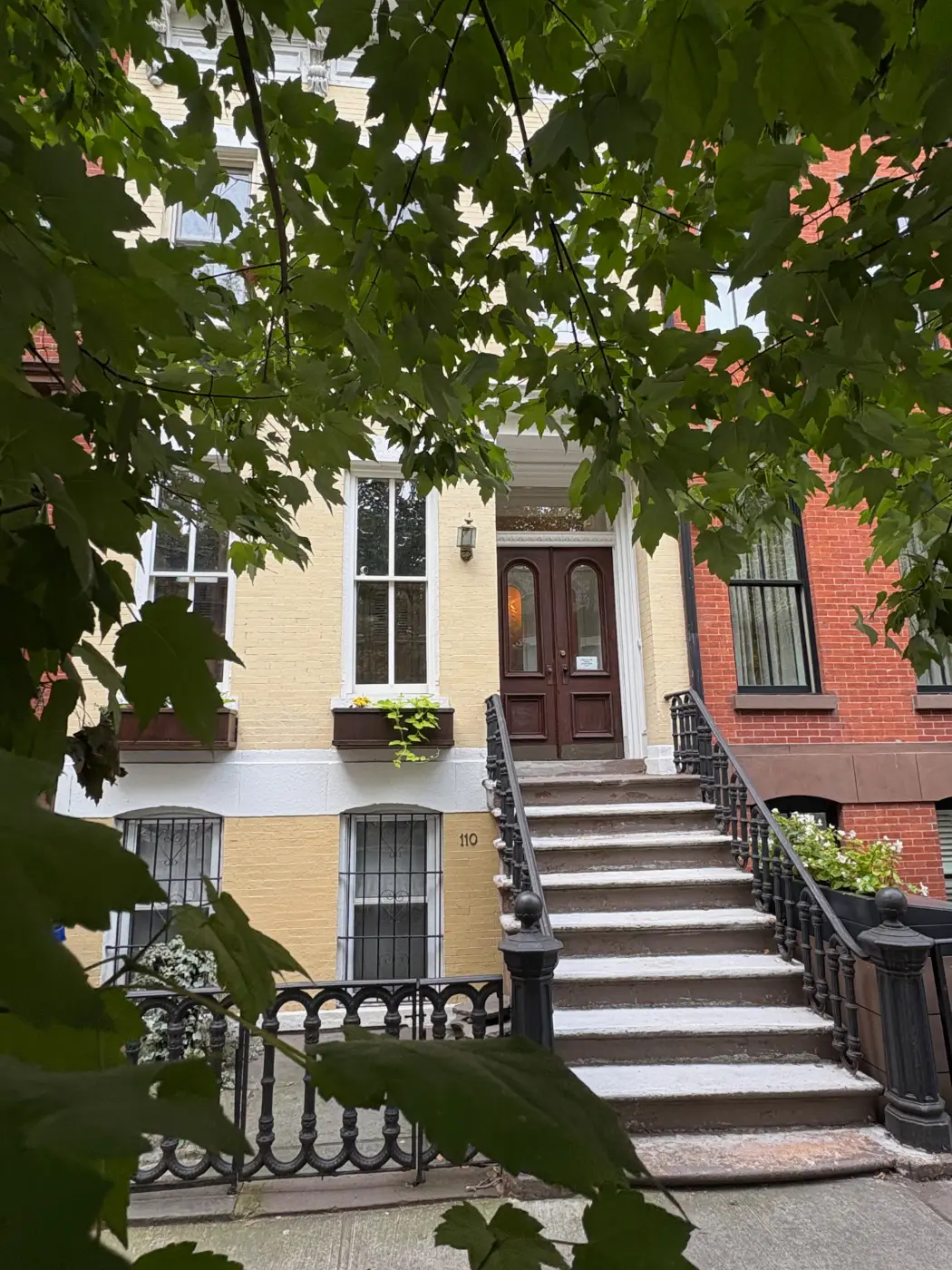 Red maple leaves in front of 110 Bergen Street